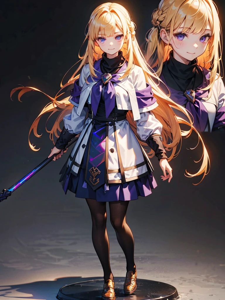 Braided hair, Wearing black tights,squat, hands on knees,Highest quality,((Highest quality)),((Tabletop)),((Perfect Face)),1 girl, blonde,Purple eyes,smile,beauty,((Holographic)),(masterpiece:1.2, Highest quality),(Colored Background) (Beautiful attention to detail: 1.2), (Very detailedな CG Unity 8K 壁紙, masterpiece, Highest quality, Very detailed, Best Shadow), (Detailed Background), White jacket,arms(woman,Carry a walking stick),alone ,blonde,Purple eyes,One Girl, sketch (Character design sheet, same characters, whole body, Three-View, front, ~ ~ ~ side, return), alone,