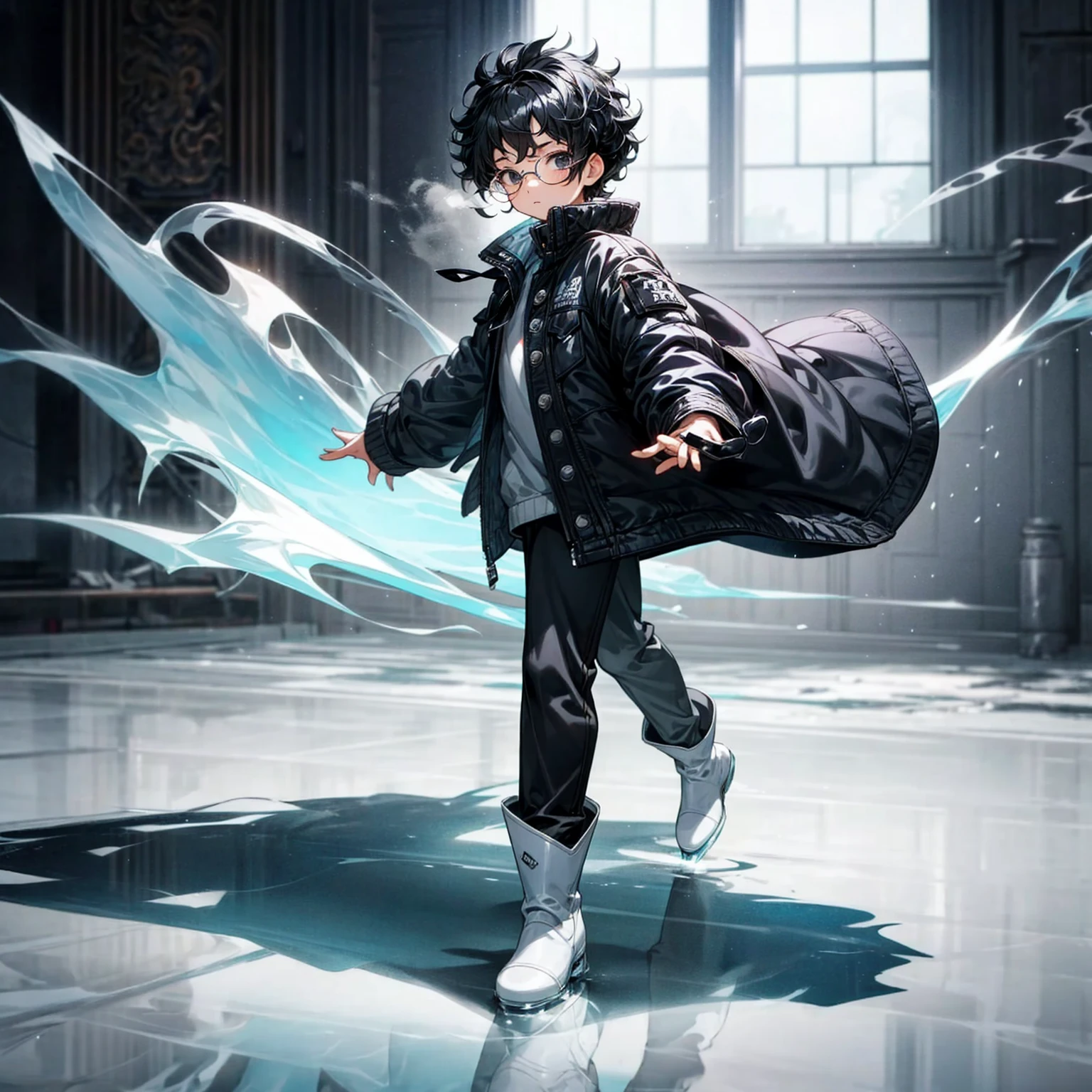 Solo character, full body version, kid boy, black eyes, black hair, Curly hairstyle, glasses, casual clothing, white boots, detailed shadow, , indoor room ice, ice floor, Nitrogen smoke, glow ice effect, standing gesture, hand ice, ice magic