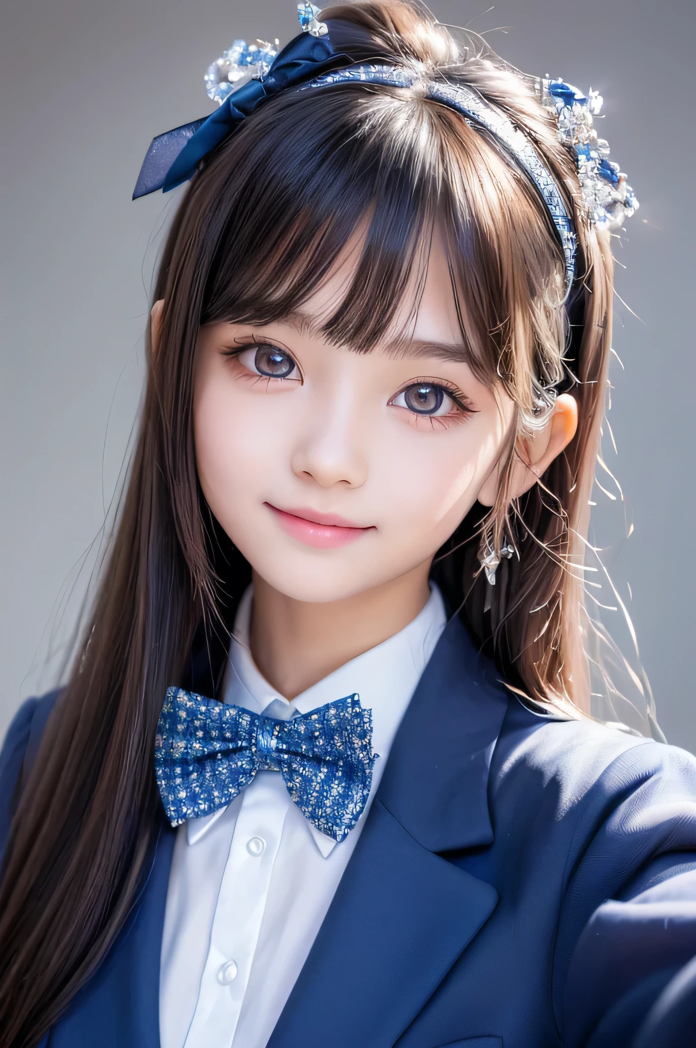 (Very beautiful  cute girl), (very  cute face:1.2),11 yo, (baby face),(sparking crystal clear attractive large eyes:1.2), Beautiful detailed eyes, Detailed double eyelids, (smiling), (realistic photograph:1.1), long straight hair,dark blue blazer high-school uniform,professional close-up portrait ,blue ribbon bow tie 