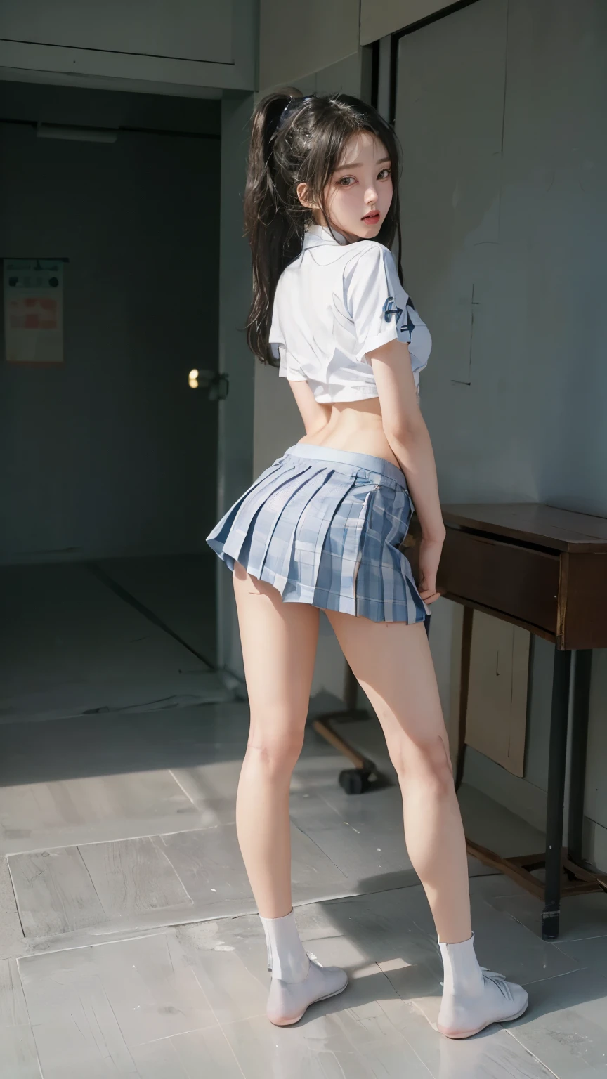 ((masterpiece)),(((最high quality))),(((((Full body shot of a girl taken from the floor:1.7))))),((Photograph the whole body from knee height:1.6)),((((((Stand up straight with your legs together:1.9)))))),((Thin thighs)),((Long legs)),(((Girl standing in a school classroom:1.7))),(((Micro Mini Skirt Uniform:1.6))),((expensive:1.8)),((Japan in summer uniform:1.8)),((Wearing a red tie:1.5)),Wearing a short-sleeved white shirt,Her erect nipples are clearly visible under her clothes..,(Blue checked micro mini skirt:1.2),(:1.3),bangs,A small smile,((cute女の子)),Slender girl,Black Loafers,((short white socks up to the ankles,,)),cute,The thigh area below the groin is slim and firm,cute,Black hair ponytail,Thin legs,スリムなModel body type,Very small waist,Small hips,Long thighs,Thin thighs,Thin hands,Long hands,((((Photograph the whole body from below:1.5)))),(((((k-popのIVEのWONYOUNGにそっくりの女の子:1.9))))),((Keep your whole body facing straight ahead:1.8)),((背がexpensive:1.4)),(Stand with your legs straight and without bending your knees:1.7),((Stand up straight:1.7)),((turn your hips forward:1.7)),The ankles are super thin,beauty,Fine skin,Firm Skin,引き締まったThin legsの肌を細部までリアルに再現,Very detailed, Attention to detail,high quality,Awards,High resolution,(Anatomically correct:1.3),(8k,RAW Photos,最high quality,masterpiece:1.5),(((女の子をPhotograph the whole body from below:1.5))),Height 173cm,((脚を揃えてStand up straight:1.7)),((脚を揃えてStand up straight:1.7)),(((Keep your back straight:1.8))),((look forward to:1.2)),8頭身beauty,Model body type,((Inseam is half the height:1.3)),(Thin thighs),((k-popのIVEのWONYOUNGにそっくりの女の子:1.5)),RAW Photos,Firm Skin,Fine skin,Well-toned muscular legs,Attention to detail,Vivid,Skin Texture,Genuineな皮膚感,Perfect composition,beautiful,Very detailed,High chroma,Genuine,eyeliner,eye shadow,expensive鼻,Small nostrils,Small Mouth,Seductive lips