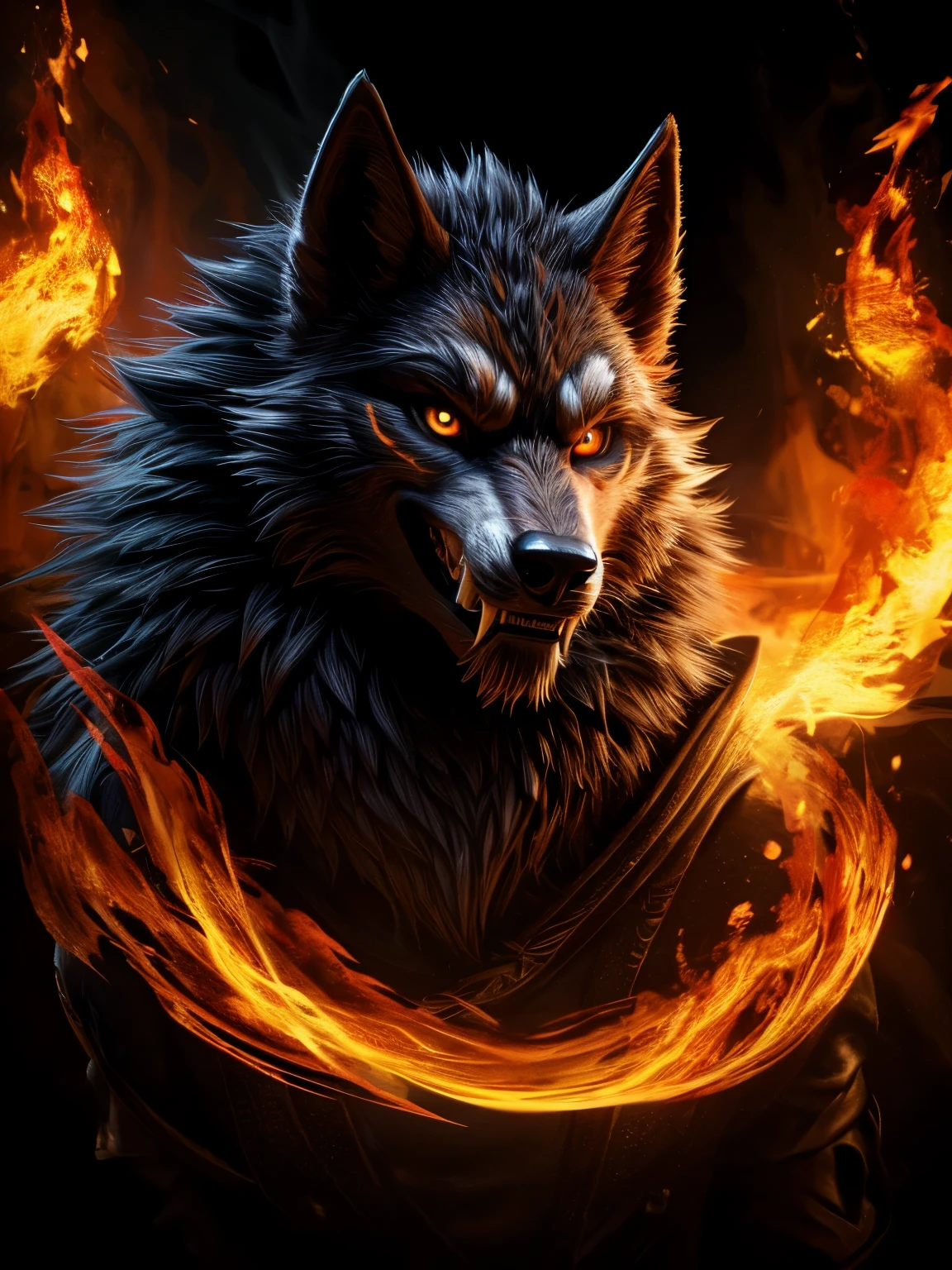 (extremely detailed CG unity 8k wallpaper),(masterpiece), (best quality), (ultra-detailed), (best illustration),(best shadow), (sharp eyeliner, eyeshadow, detailed eyes:1.1), (flames, smoke:1.3), ,BREAK, (vector:1.2), evil smile, feral, werewolf