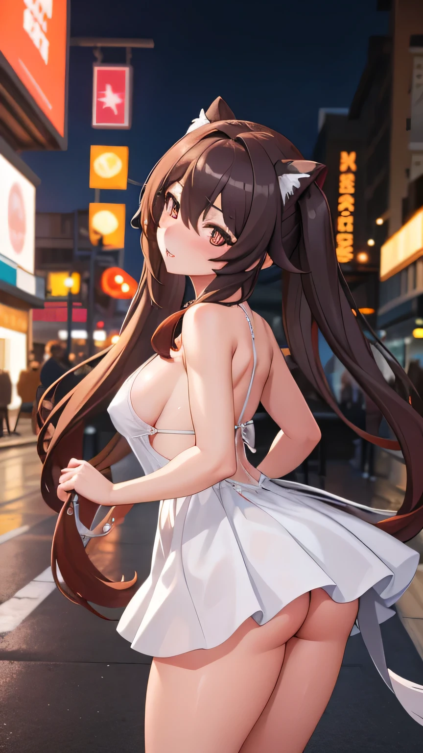 masterpiece, best quality, Walnut V4, 1 Girl, Solitary, blush, Double tail, Long hair, Hair between the eyes, ((Streetwear)), City, outdoor, night, Movie Posters, Ultra-detailed 8K, Smooth, high resolution, Ultra-high quality, light, Ambient Occlusion, HD, 2k, 4K, 8K, 16K, Extremely detailed animation, Delicate face, Perfect composition, Wide-angle lens, Atmospheric lighting, Very sexy, Upskirt, Random lower back angle, Uncensored, National Foundation, Uncensored的