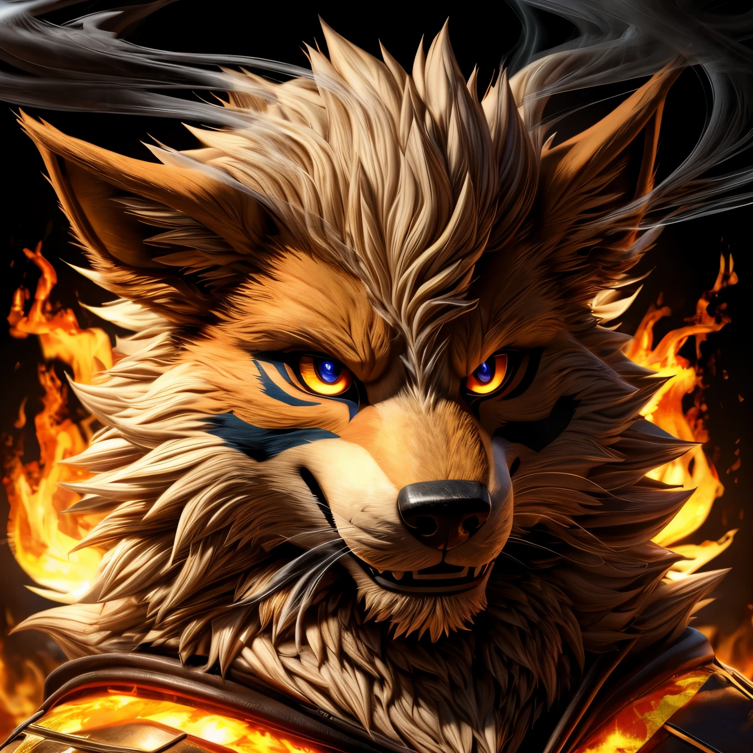 (extremely detailed CG unity 8k wallpaper),(masterpiece), (best quality), (ultra-detailed), (best illustration),(best shadow), (sharp eyeliner, eyeshadow, detailed eyes:1.1), (flames, smoke:1.3), ,BREAK, (vector:1.2), evil smile, arcanine