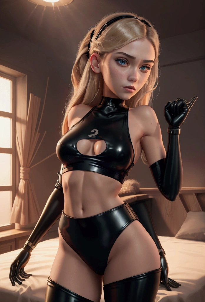 solo girl, all alone, young woman, lying in her bed, young girl , , skinny girl, two very long blonde tails, Red eyes, Latex swimsuit with tight black crop top, black pantyhose, arms behind the back, straight elbow, black latex bracelet, both arms in the same black latex sleeve, unique glove, plugin, losing control, shaking, leather belts tight around his chest, leather belts tight around her legs, perfect hips, Perfect round butt, Black leather belt harness that wraps your body