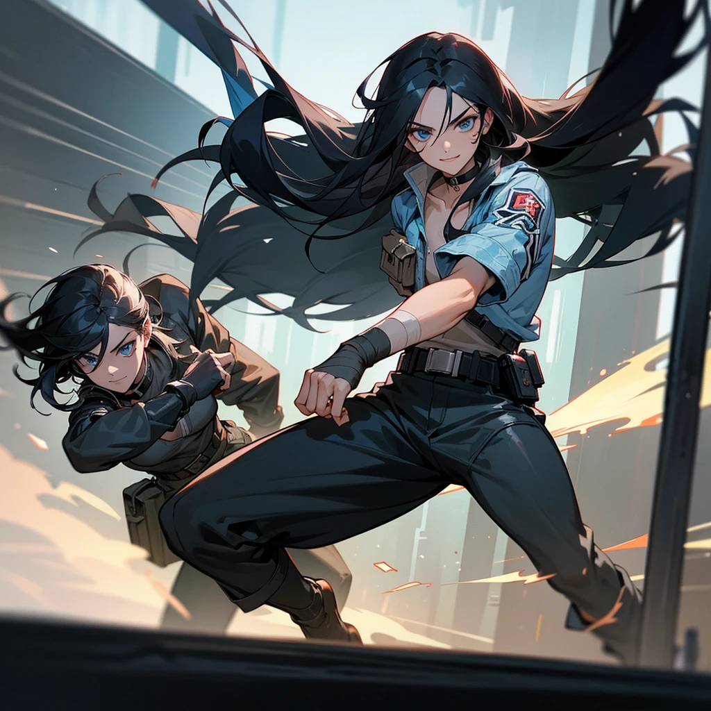black hair, long hair, straight hair, male, man, blue eyes, tall, wiry, jacket, choker, armband, long boots, belt, waist pouch, with a black bandage, delicate facial features, toned, cyberpunk, inside, in the subway, evil smiling, fighting, shooting a gun in front of her, Epic Battle Scene, solo, running at full speed