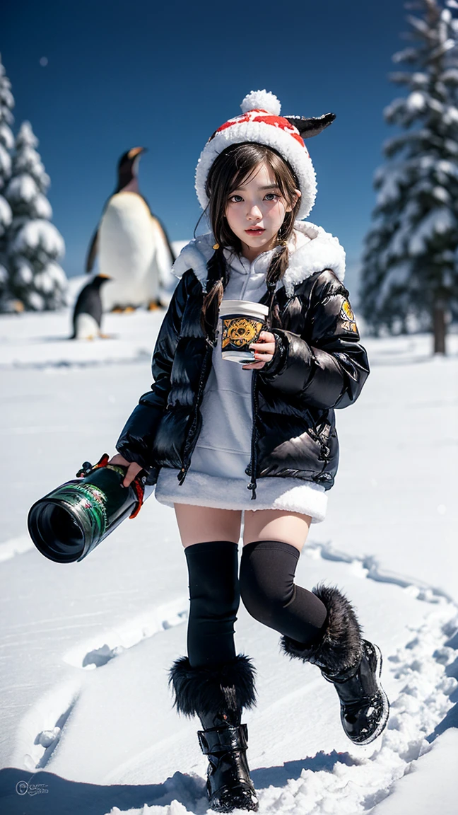 "Create an image of Tristana in her Pengu Cosplay skin from League of Legends by Riot Games, no having clothes,dressed in a cute, penguin-themed outfit with a penguin hat and her playful cannon, have massive k-cups, in a snowy, winter wonderland with sparkling ice and playful penguins."