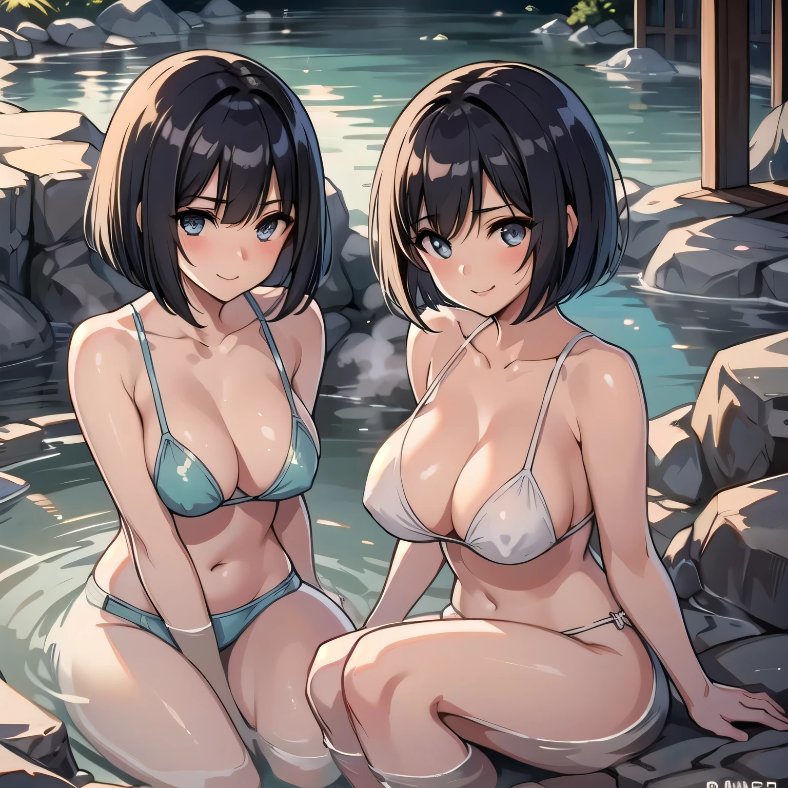 Photorealistic、Highest quality、Highest Resolution、Highest quality、8K、One beautiful woman、cute、beautiful、Bob Cut Hair、Dark Hair Color、Light blue eyes、sunny、Secret hot spring、hot spring、美しいhot spring、hot springに入る、smile、