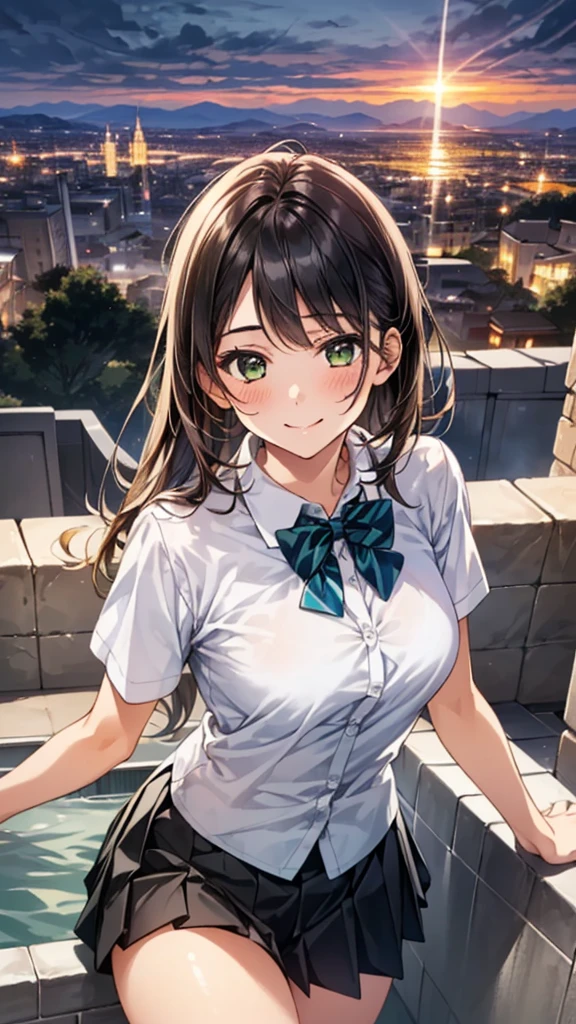 (masterpiece:1.3, Highest quality, Ultra-high resolution, Super detailed), (Realistic:1.1, photoRealistic:1.4), Beautiful illustrations, Perfect lighting, colorful, Depth of written boundary,
Beautiful detailed hair, Beautifully detailed face, Beautiful attention to detail, Beautiful clavicle, Beautiful body, Beautiful breasts, Beautiful thighs, Beautiful feet, Beautiful fingers,
View your viewers, 1 girl, Japanese, high school girl, Perfect Face, (Perfect Anatomy, Anatomically correct), Cute and symmetrical face, , Sunburn, Glowing Skin,
(Long Hair:1.5, Straight hair:1.2, Hair Bath), Asymmetrical bangs, Dark green eyes, Long eyelashes, (Medium chest), thin,
(Black School Best, Collared short-sleeved shirt, White shirt, , Black Box Pleated Skirt, Dark green bow tie), Blue striped panties,
(Beautiful views), evening, (Outdoor, distant cityscape), walk, (Cute smile, Upward glance),