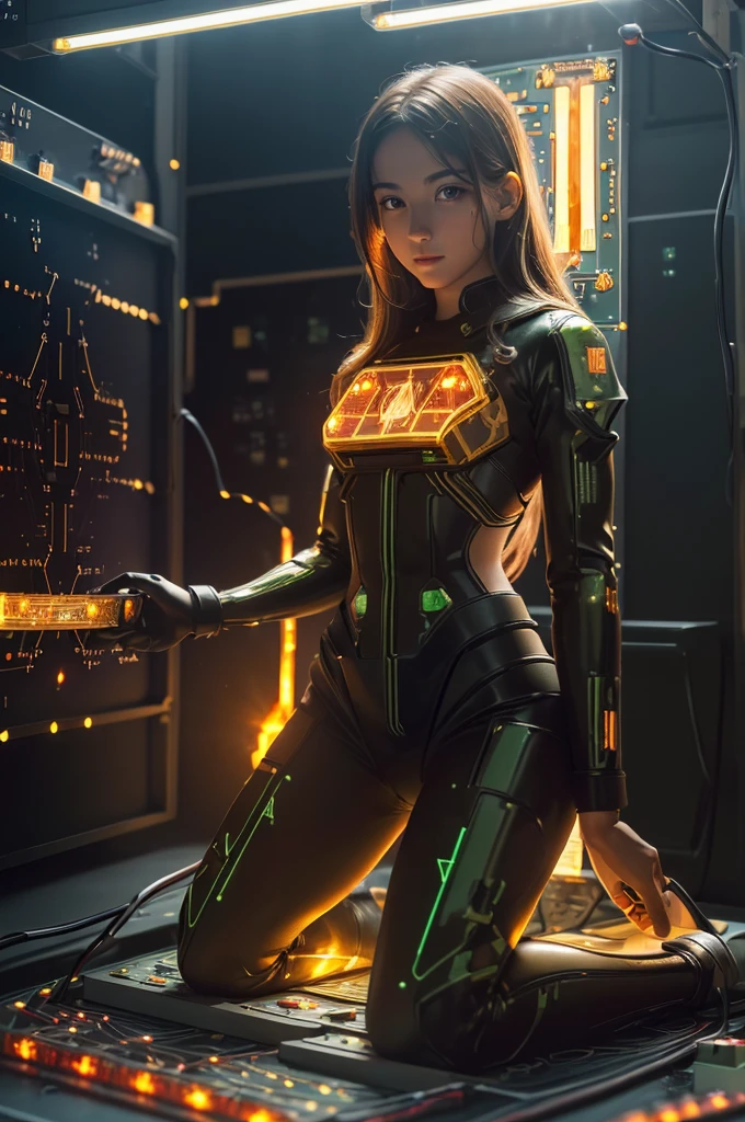 (work of art, high qualiy, best qualityer, offcial art, Kale beauty and aesthetics:1.2),(fire element:1.1),composed of fire elements,(1 girl:1.45),(Gundam:0.6),highly realistic, sensual poses, transparency,Sci-fi light effects,(illuminated circuit board:1.6),United Kingdom,Kale,Flame,