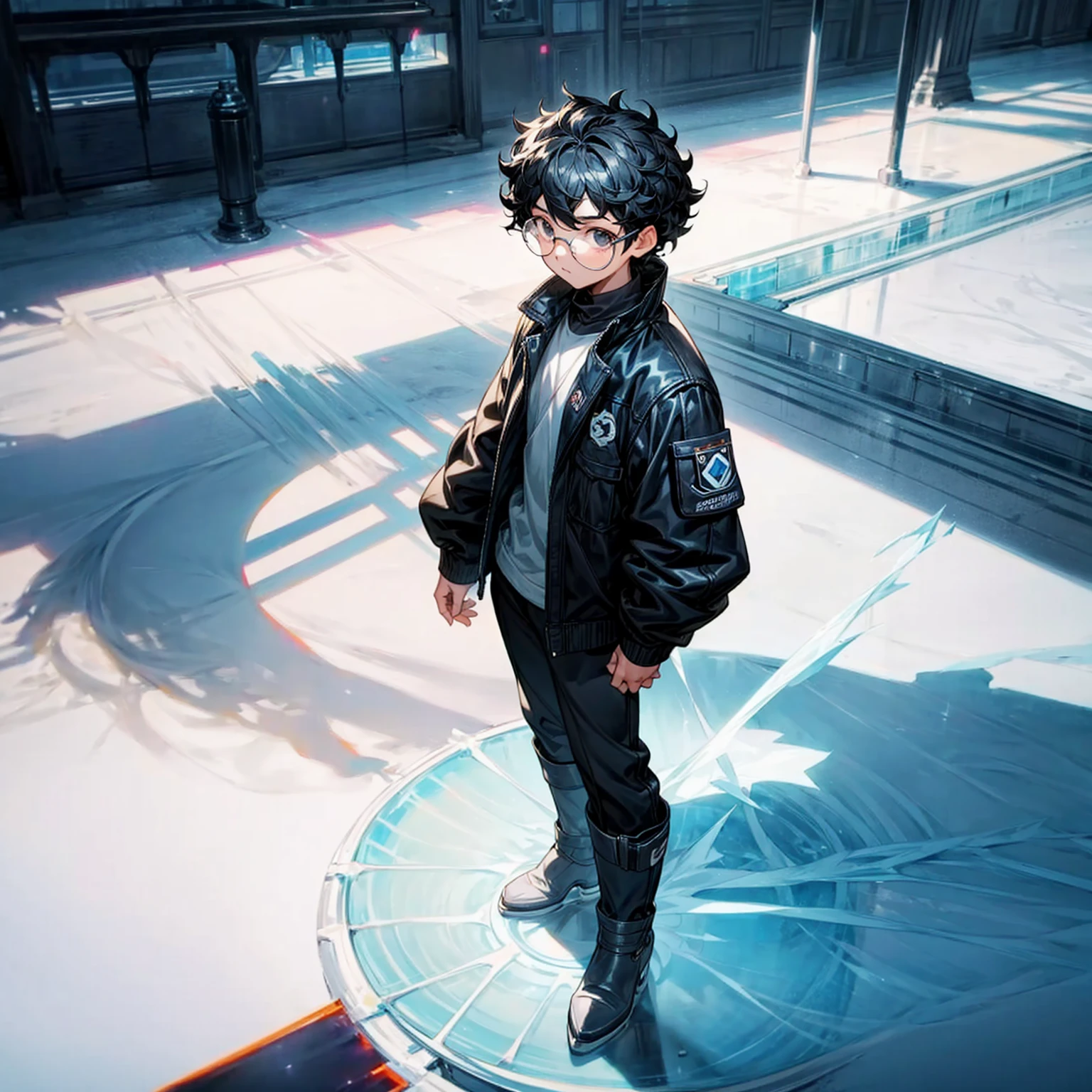 Solo character, full body version, kid boy, black eyes, black hair, Curly hairstyle, glasses, casual clothing, white boots, detailed shadow, , indoor room ice, ice floor, Nitrogen smoke, glow ice effect, standing gesture, hand ice, ice magic