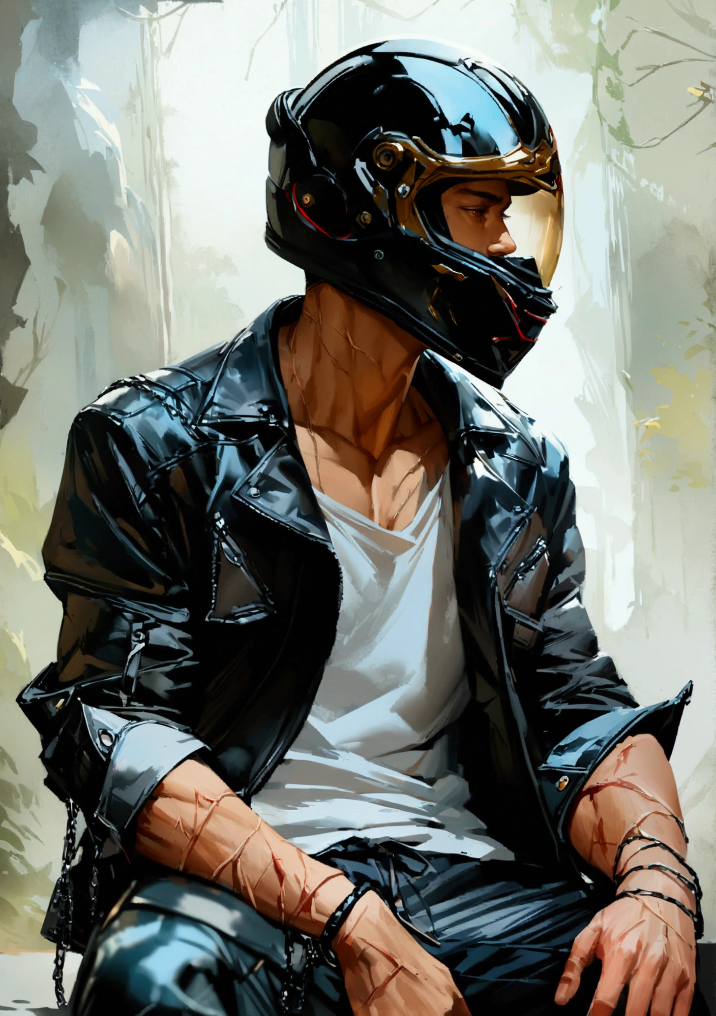 Realistic Digital Painting with Concept Art Elements"," digital painting," "concept art," "realistic," "high detail", "muscular",, "high-res", "ominous aura,", "8k resolution", "oil painting", "darker tone" , "little saturation" ,"dark feeling", "concept art" , "detailed features" , "detailed eyes" "1man" , "sitting" , "attractive", (masterpiece), best quality, Male, black leather jacket, black pants with chains, portrait, white t-shirt, handsome, nonchalant and tired, sexy, muscular, scars across chest, biker, "wearing a full face helmet" "face covered with a biker's helmet", "face hidden"