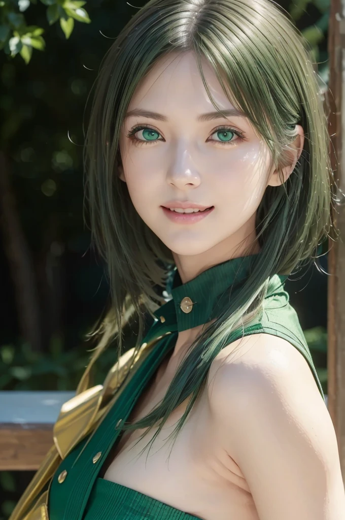 (representative work:1.4), (8K, realistic, RAW photo, Highest image quality:1.4), beautiful skin, (26 year old pretty woman), (vivid green image), (smile:1.4), (turn back:1.5), beautiful face, (realisticな顔), (bright green hair:1.4), (medium hairt:1.3), ((messy hair)), Detailed and beautiful eyes, (realisticな肌), beautiful skin, (close up:1.3), charm, 超High resolution, (green eyes:1.5), green shirt:1.4, dynamic posing:1.3,