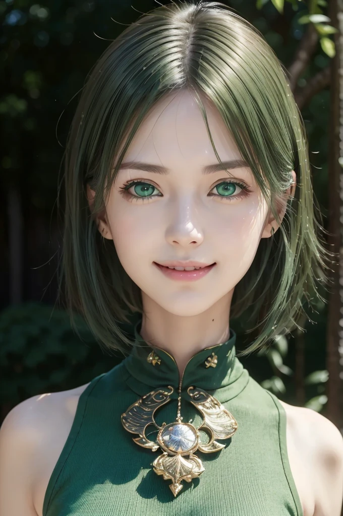 (representative work:1.4), (8K, realistic, RAW photo, Highest image quality:1.4), beautiful skin, (26 year old pretty woman), (vivid green image), (smile:1.4), (turn back:1.5), beautiful face, (realisticな顔), (bright green hair:1.4), (medium hairt:1.3), ((messy hair)), Detailed and beautiful eyes, (realisticな肌), beautiful skin, (close up:1.3), charm, 超High resolution, (green eyes:1.5), green shirt:1.4, dynamic posing:1.3,