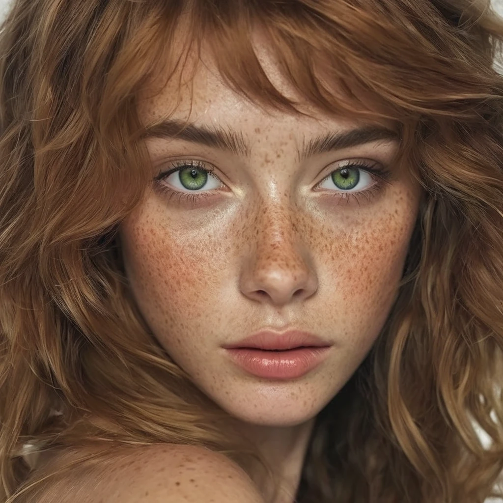 (masterpiece, best quality:1.2, uhd, realistic, absurdres, half body shot), 1girl, incredible beauty, perfect skin, freckles, green eyes, slim, 