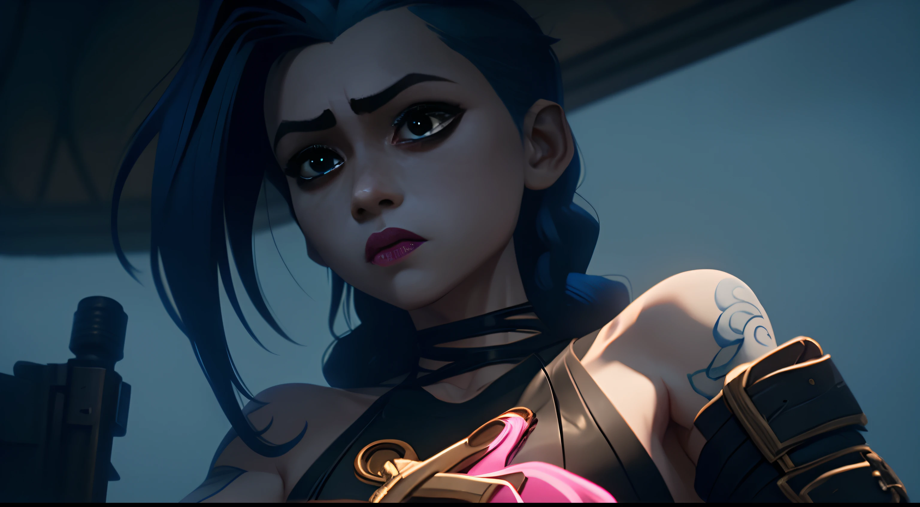 Jinx's character design, Holding a grenade launcher in the shape of a shark, crying, Hot Pink Tears, shoots, Screams, Explosions in the background, half naked, beautiful breasts, Sexy, Arcane's Jinx, sexypose, waves his hand, Pink glowing eyes, hairlong, hairsh, braided into long braids, Pigtails hang below the knee, Hair color changes from bright blue to navy blue, Dressed in brown breeches, Leather boots on the feet, Top with four gold circles on the chest in the middle of the chest, Blue cloud tattoos on shoulders and waist, Long bangs, hanging on the right side, Belt with cartridges on the belt, A pistol in a holster on his left leg, Arcane style, extremely detailed CG unity 8k wallpaper, detailed light, Cinematic lighting, chromatic aberration, glittering, expressionless, epic composition, dark in the background, Cherecter Desing, Very detailed, Detailed body, Vibrants, Detailed Face, sharp-focus, anime art, Vibrants, Detailed Face, Hugh Details, sharp-focus, Very drooping face, A detailed eye, super fine illustration, better shadow, finely detail, Beautiful detailed glow, Beautiful detailed, Extremely detailed, expressionless, epic composition, Presented at artstation, Octane Render, artstation hd, Cinematic, 4 thousand., hypermaximalist, elegant