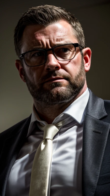 An award-winning original photo，A muscular man, (40 years old daddy:1.1), 1boy, Solo, (black suit), (white dress shirt), (black print necktie), (big shoulders), musculature, dad bod, stubbles, Short beard, (Detailed body), realistic eyes, wearing glasses, deadpan, upset, (looks intimidating), looking at viewer, dark lighting, (Best quality, A high resolution, Photorealistic), Cinematic lighting, Masterpiece, RAW photo, Intricate details, hdr, depth of field, upper body shot, (realistic:1.2), (from the front and from below)