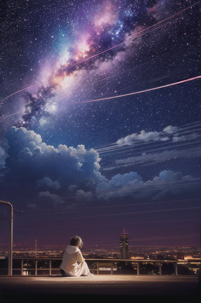 Octane, null, star (null), scenery, starry null, night, Outdoor, building, cloud, milky way, Sitting, wood, city, silhouette, cityscape , masterpiece, 最High quality,, cloud,star空,,night空 High Resolution, Accurate, masterpiece, High quality, quality, High-resolution models, night空、night、star空、A boy gazing at the night sky in the middle of the night, 大きなmilky way銀河は地平線に沿って紫がかった青に見える。. Shots from a distance. Cinematic. Wide-angle. 4K.
