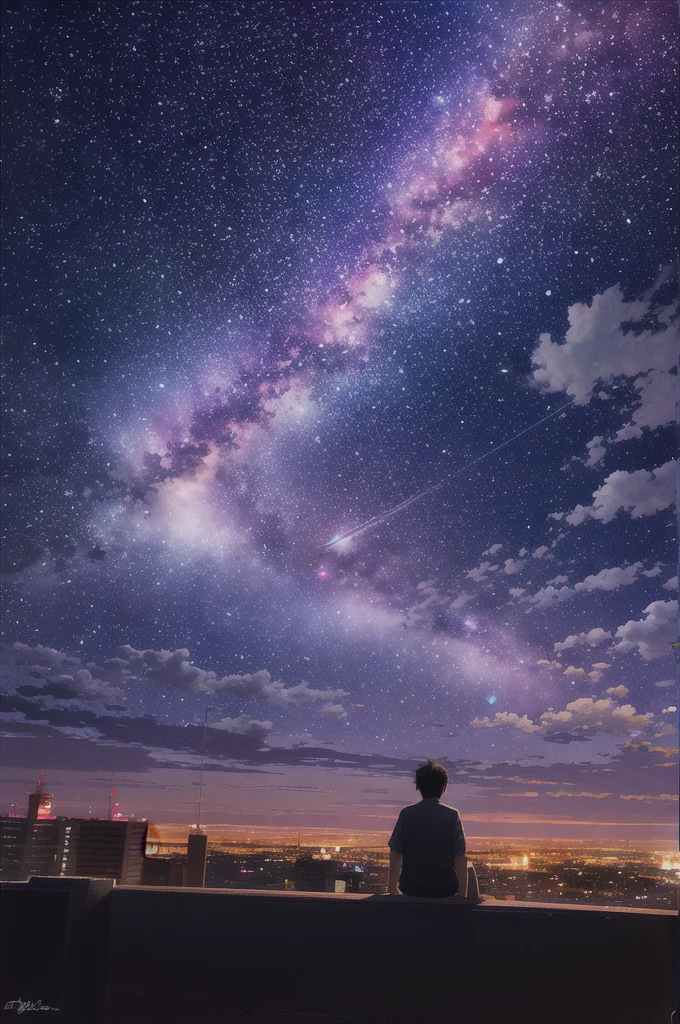 Octane, null, star (null), scenery, starry null, night, Outdoor, building, cloud, milky way, Sitting, wood, city, silhouette, cityscape , masterpiece, 最High quality,, cloud,star空,,night空 High Resolution, Accurate, masterpiece, High quality, quality, High-resolution models, night空、night、star空、A boy gazing at the night sky in the middle of the night, 大きなmilky way銀河は地平線に沿って紫がかった青に見える。. Shots from a distance. Cinematic. Wide-angle. 4K.
