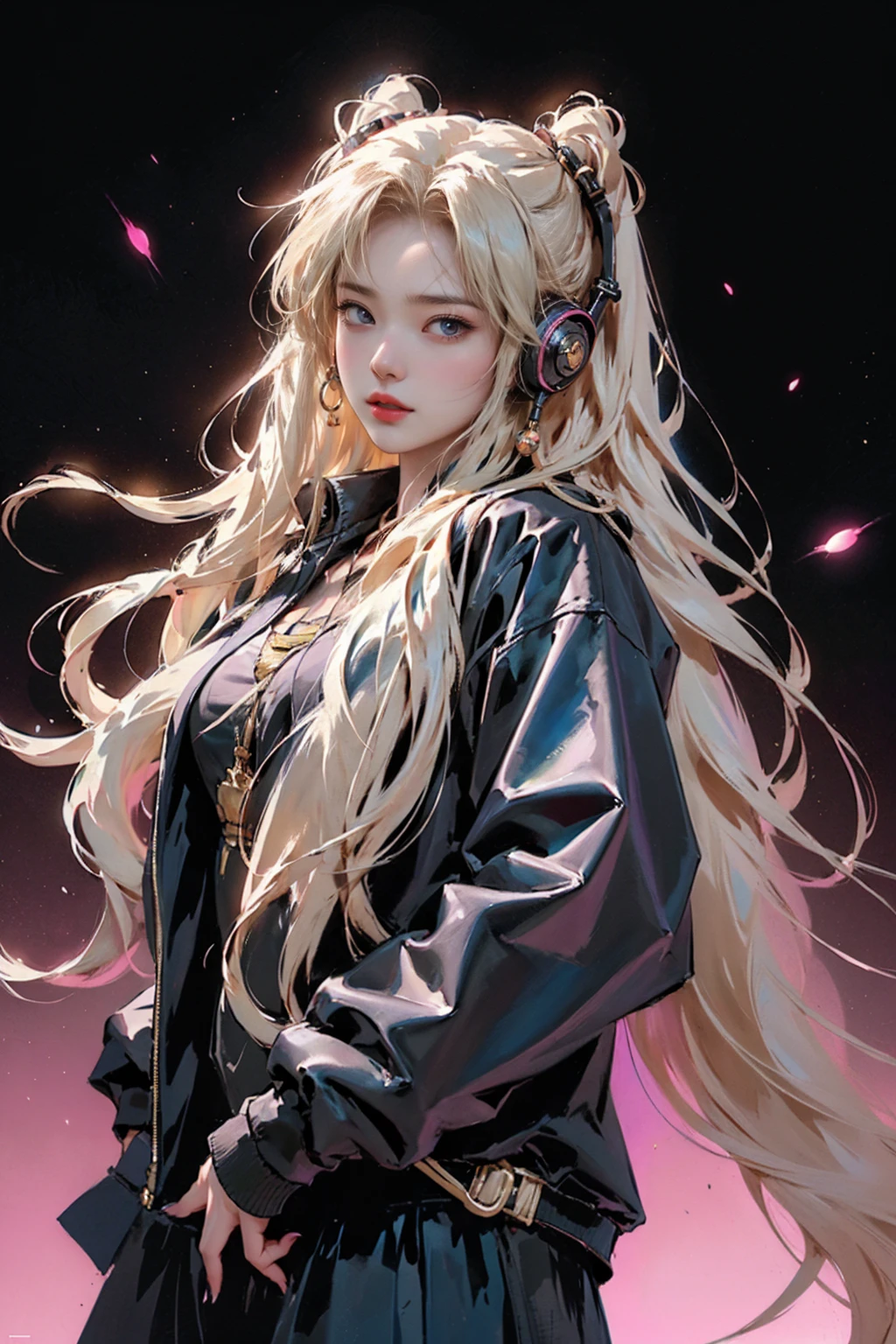 A highly detailed, visually striking digital illustration of a young female character with long, flowing golden hair wearing headphones. She has an intense, focused expression as she listens to music, dressed in a black jacket against a vibrant, abstract background. The background features a dynamic mix of colorful splashes and designs, creating a lively, energetic atmosphere around the character. (female_character:1.3, long_golden_hair:1.2, headphones:1.1, intense_expression:1.2, black_jacket:1.1, vibrant_abstract_background:1.3, dynamic_colorful_designs:1.2, lively_energetic_atmosphere:1.2) Break, The illustration showcases exceptional detail and realism, with intricate textures, lighting, and composition that captivate the viewer. The character's presence is both intense and captivating. The overall aesthetic is one of energy, creativity, and artistic flair. (exceptional_detail_and_realism:1.3, intricate_textures_and_lighting:1.2, balanced_composition:1.2, captivating_presence:1.2, creative_aesthetic:1.2)