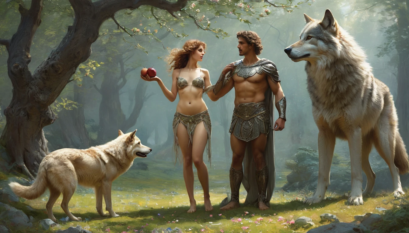 fullbody, painted of full body of four peoples, foot on ground, a standing greek handsome man give an apple to a naked woman with flower, a woman with shield, a woman stand front of a grey wolf, masculine, mature, muscular, hairy torso, fantasy, intricate, elegant, highly detailed, digital painting, artstation, concept art, smooth, sharp focus, illustration, art by gaston bussiere and alphonse mucha, looking each other.