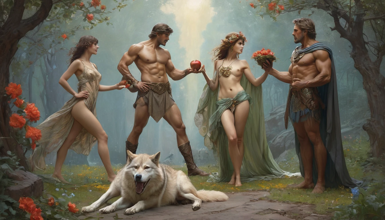 fullbody, painted of full body of four peoples, foot on ground, a standing greek handsome man give an apple to a naked woman with flower, a woman with shield, a woman stand front of a grey wolf, masculine, mature, muscular, hairy torso, fantasy, intricate, elegant, highly detailed, digital painting, artstation, concept art, smooth, sharp focus, illustration, art by gaston bussiere and alphonse mucha, looking each other.