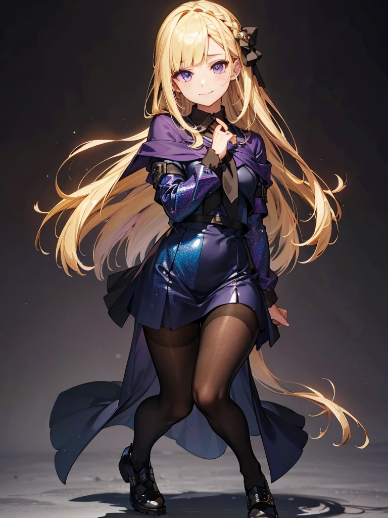 Braided hair, Wearing black tights,squat, hands on knees,Highest quality,((Highest quality)),((Tabletop)),((Perfect Face)),1 girl, blonde,Purple eyes,smile,beauty,((Holographic)),(masterpiece:1.2, Highest quality),(Colored Background) (Beautiful attention to detail: 1.2), (Very detailedな CG Unity 8K 壁紙, masterpiece, Highest quality, Very detailed, Best Shadow), (Detailed Background), alone ,blonde,Purple eyes,One Girl, sketch (Character design sheet, same characters, whole body, Three-View, front, ~ ~ ~ side, return), alone,