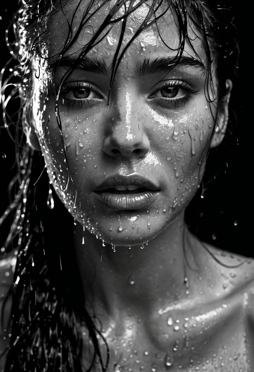 a close up of a woman with wet hair and a black background, crying fashion model, photography of albert watson, tears dripping from the eyes, wet dripping hair, awesome and moody, by irakli nadar, tears running down face, 8k artistic portrait photography, rain drops on face, black and white artistic photo, sultry expression, emotive portrait, close up, face portrait, macro lens, 100mm 1.8, dramatic pose, award winning portrait, crystal clear, micro-details