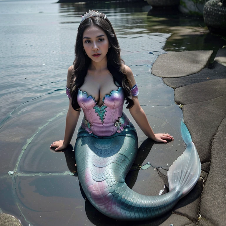 mermaid wear kebaya, pink mermaid, white kebaya, crown princess, 1girl, long hair, black hair, black eyes, mermaid tail, water, looking at viewer, cute, (gigantic bust:1.4), crawl,
