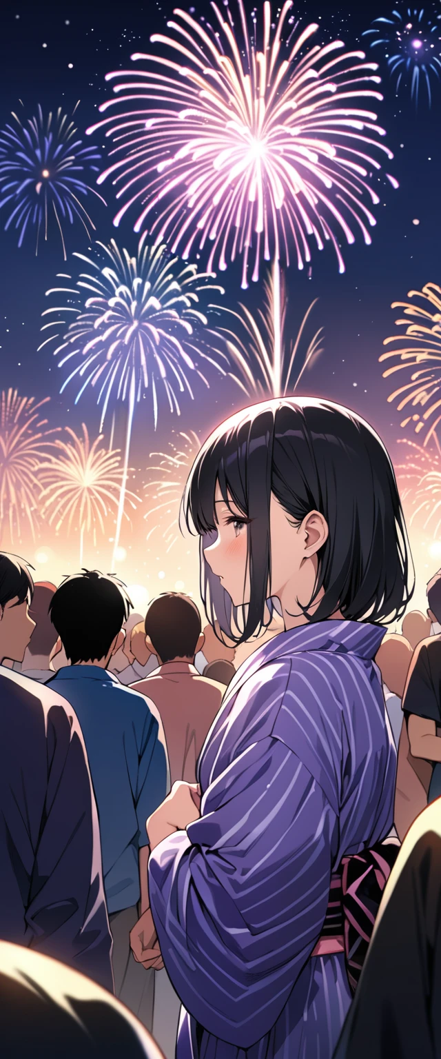 (((masterpiece))),(((Highest quality))),((Very detailed)),Side view,night,a lot of people,firework,friend,Purple Yukata,Pink obi, girl with black hair,8k, Super Detail,(15 meters away),Particles of light,The whole scene is shining&#39;S