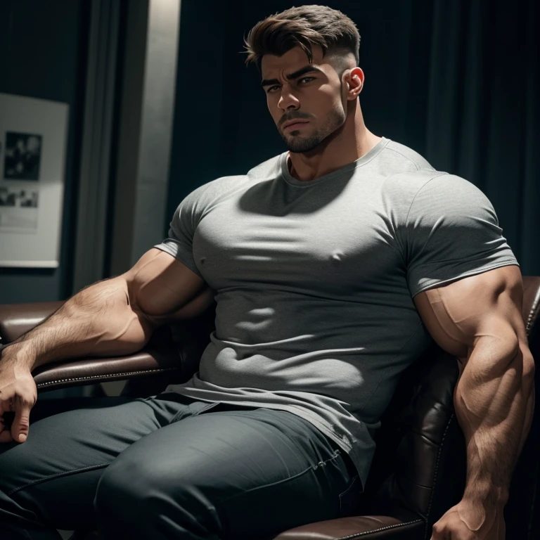 a very handsome young man, massively muscular, with massively large muscles, with massively large biceps, with massively large arms, wearing a gray shirt, sitting on a chair in a very dark room, seen from the side