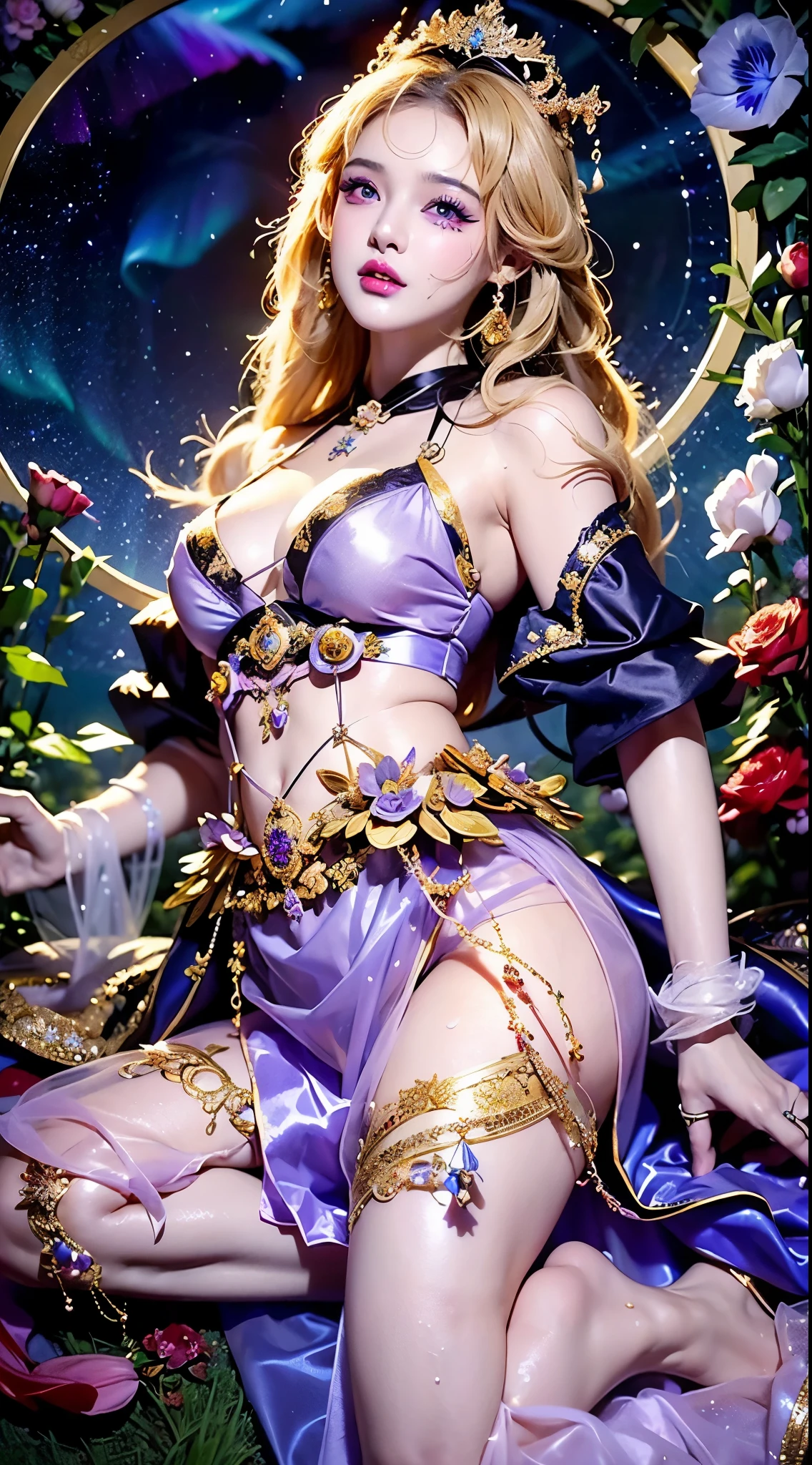 very cute, Blonde Hair, Big smile, red roses, One 20-year-old girl, 1. Goddess Athena, The beautiful, flawless face of the goddess Athena, delicate yellow nightgown, Lots of sexy black lace detailing、Long sheer sequined nightgown, A beautiful pale red silk half veil, Legends of female saints, Icons of female saints, Beautiful goddess-like glitter, Dark and mysterious version, Vermilion lips, Plump red lips, ((口をclose:0.9)), Complete teeth, Symmetrical incisors, Bright white teeth, ((Angry face:0.8)), delicate and beautiful pino detailing, delicate and beautiful lip detail, (Pure and perfect face: 1.9), Female Eucharist, Round Breasts, 大きくてRound Breasts, Phoenix Brooch, Long, flat bangs, Long black hair, Beautiful, clear face and well-proportioned eyes, (Light purple eyes with transparent irises: 1.8), (Big round eyes and makeup, Sexy wet eye makeup, So beautiful、Careful hair and makeup, long and delicate blonde hair, delicate, Body image: 1.8), shape: Brilliant and, (The stars that make up the sky々: 1.7), (The Gate of Heaven and Imaginary Time and Space: 1.8), Imaginary art, RAW Photos, hanfu pictures, Best Photos, High resolution, 最high quality, Best Photos, Best Goddess Quality, 8k female, Super 8 Single Saint Portrait, The most true color scheme, masterpiece, Best Beauty Brands, Best Hair Jewelry, Brand real photo, Dark studio, Border Light, Two-tone lighting, (Rosy white skin: 1.4), (High skin detail: 1.1), 8k uhd, SLR, Soft Light, 8k, high quality, Frank, Smooth and sharp volume, 10x more pixels, Sexy Goddess, Sexy Goddess, (Background Space: 1.8), (The most beautiful aurora eye: 1.7), Beautiful Eyes, The aurora is beautiful and flower-like, (Beautiful single women: 1.8), (see here:0.8), close, Approaching the Goddess, Clear and unrealistic