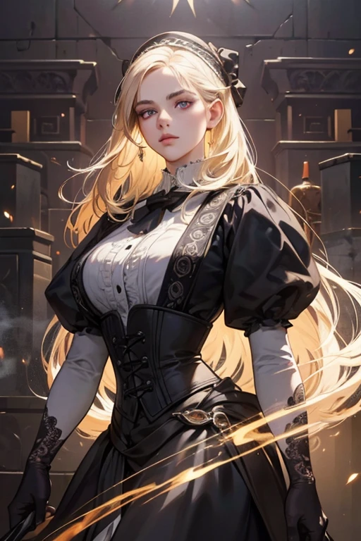 a determined victorian era woman in her late 20's, merchant, straight white medium-length hair, striking purple eyes, monocle, long black gloves, detailed realistic portrait, photorealistic, hyperrealistic, 8k, detailed clothing, beautiful detailed eyes, beautiful detailed lips, extremely detailed face, intricate ornate details, cinematic lighting, dramatic shadows, warm color tones, natural lighting, highly detailed, masterpiece, artstation, sharp focus, hyper detailed, full body
