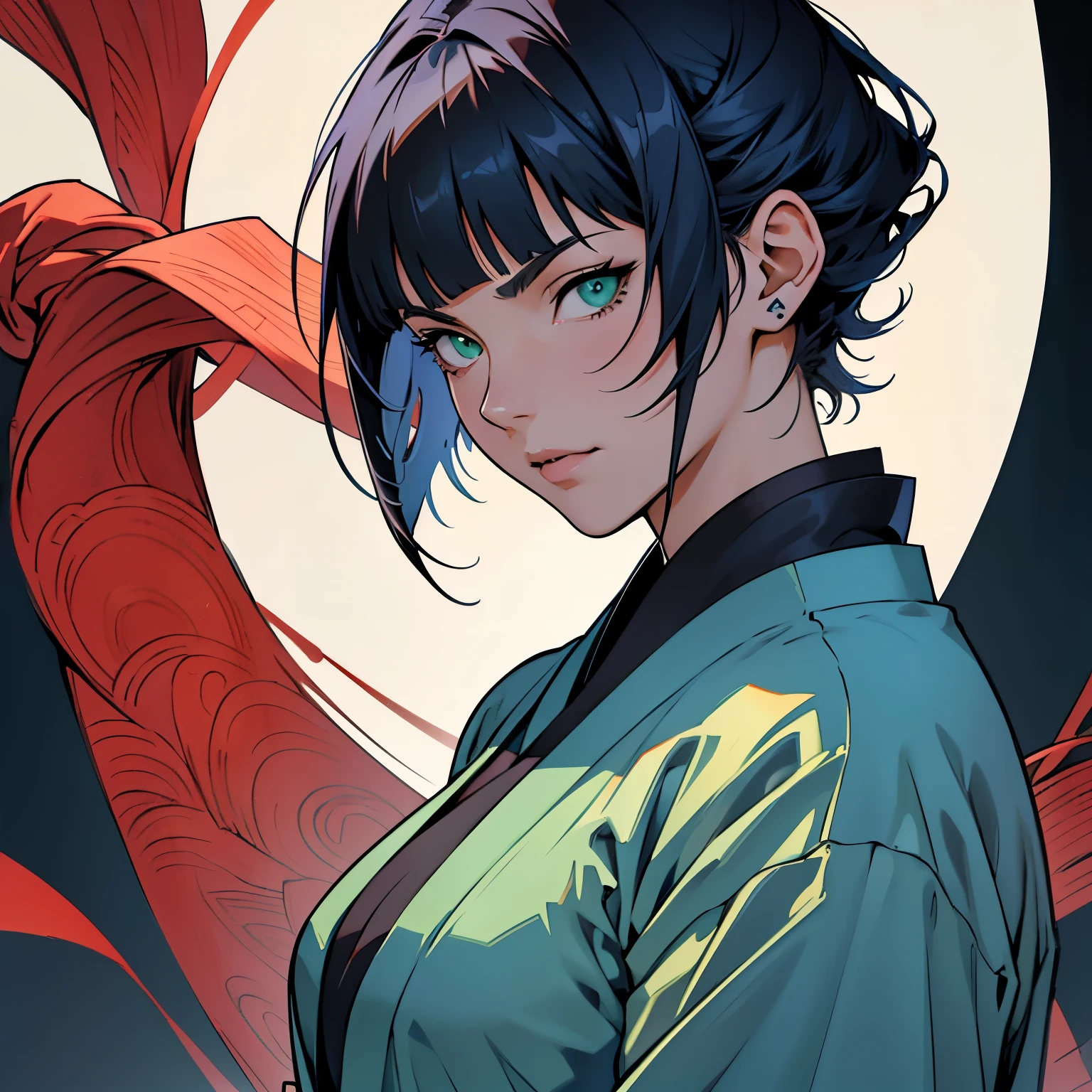 anime image of a middle-aged woman with dark blue hair and green eyes, short hair, hair bangs, 1woman, solo woman, female anime character, head shot, close up shot, background, ninja clothing, traditional japanese clothing, dark clothing