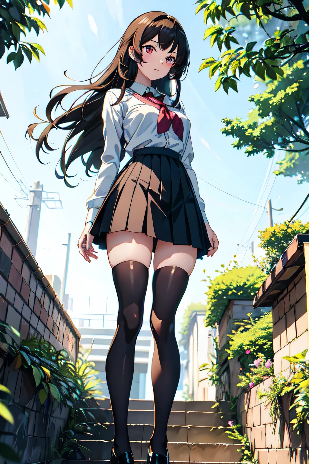 master piece , best quality , ultra detailed,A woman in a short skirt and high heels standing on the stairs。, Beautiful anime school girl, seductive Anime Girls, Surreal , attractive Anime Girls, Anime Girls with long hair, Beautiful and attractive anime teen, beautiful Anime Girls, Anime full body illustration, Anime Girls, Ilya Kuvshinov with long hair, an Anime Girls