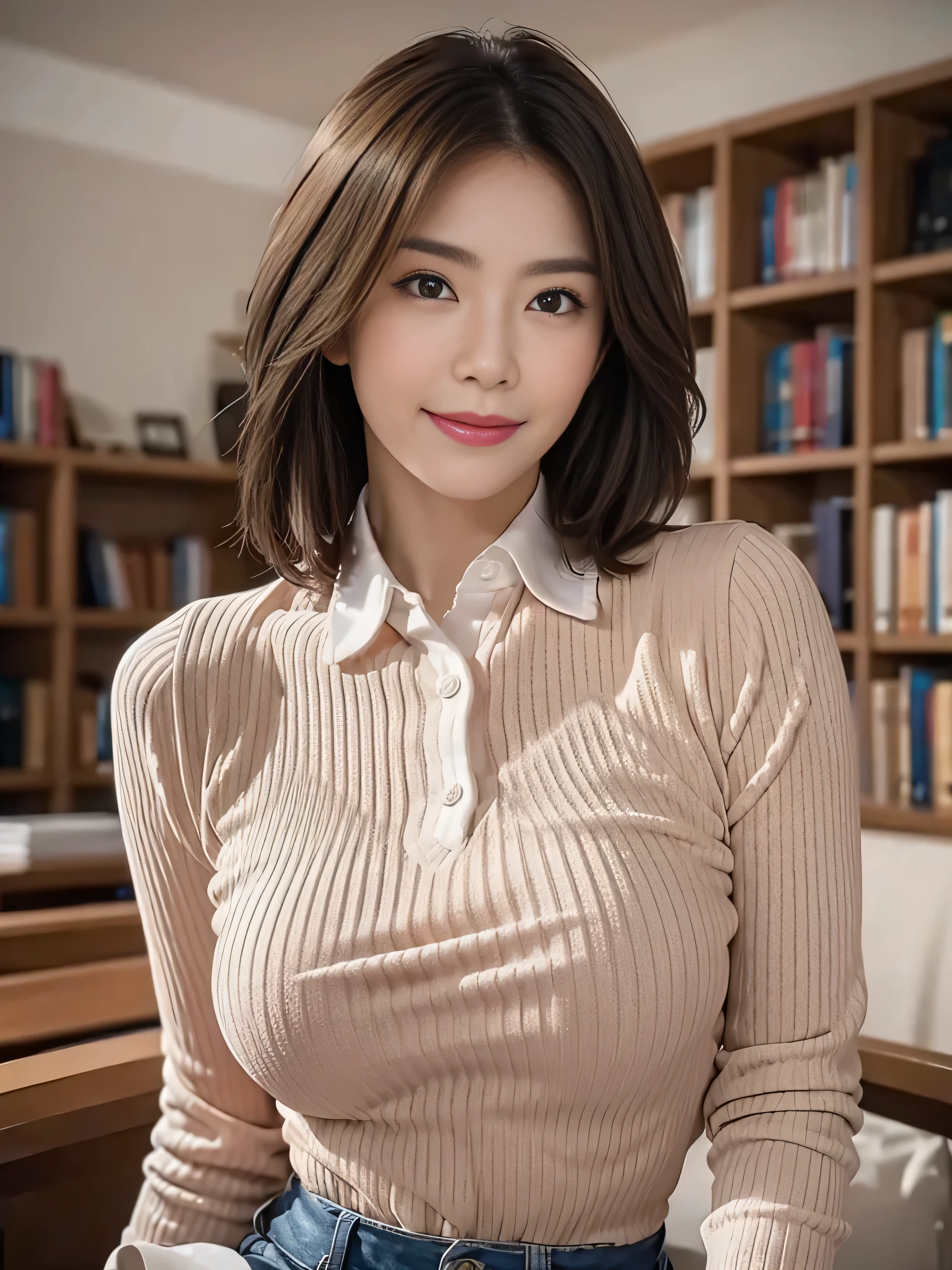 ((masterpiece))、((Highest quality))、photograph、reality、High resolution、Advanced Depth of Field、Get used to it、Realistic lighting、secretary、40 years old、Delicate features、short hair、Realistic background and accessories、Big and ample breasts、Sexy lips、A quiet and dark library、High ceilings、Bookshelf gap、A tight mesh polo shirt that creates a rounded and soft look around the chest、valley、Westshot、attractive appearance、Sexy smile、Bold Pose、Large space、far and near method、Bold composition、indirect lighting、