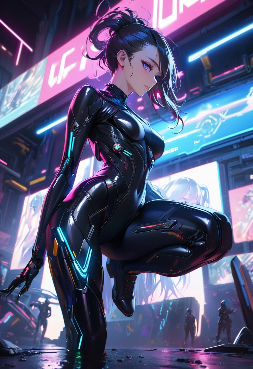 intricate futuristic android girl, 1girl, cyberpunk, bodysuit, liquid metal robot, elegant, graceful, dynamic pose, cinematic lighting, hyper detailed, photorealistic, 8k, masterpiece, highly detailed face, stunning eyes, sharp focus, vivid colors, dramatic shadows, cinematic composition, science fiction, dystopian, neon lights
