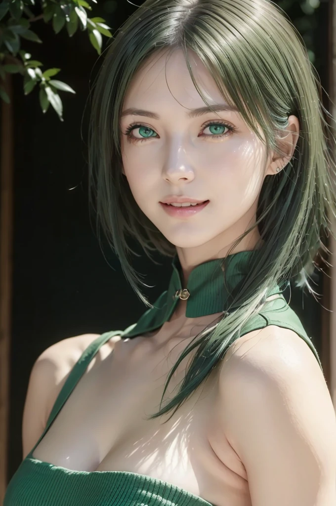 (representative work:1.4), (8K, realistic, RAW photo, Highest image quality:1.4), beautiful skin, (26 year old pretty woman), (vivid green image), (smile:1.4), (turn back:1.5), beautiful face, (realisticな顔), (bright green hair:1.4), (medium hair:1.3), ((messy hair)), Detailed and beautiful eyes, (realisticな肌), beautiful skin, (waist up shot:1.3), charm, 超High resolution, (green eyes:1.5), green shirt:1.4, dynamic posing:1.3,