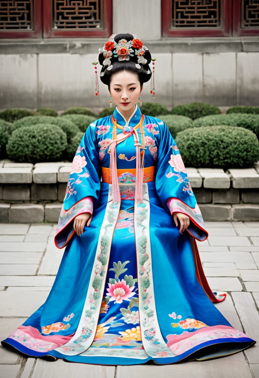  A Qing Dynasty Empress with her legs up and outstretched. On the stone pavement outside the Chinese palace. Qing Dynasty Empress. A Chinese Empress with a large crown. Her hair is decorated with a large hair ornament with gorgeous flowers and a large crown.　
Her hair is tied up and pulled up. The background is the stone paving outside the Qing Dynasty.