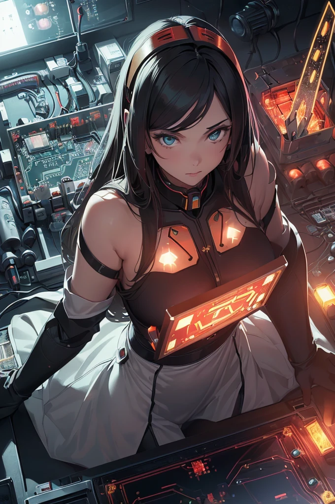 (work of art, high qualiy, best qualityer, offcial art, Kale beauty and aesthetics:1.2),(fire element:1.1),composed of fire elements,(1 girl:1.45),(Gundam:0.6),highly realistic, sensual poses, transparency,Sci-fi light effects,(illuminated circuit board:1.6),United Kingdom,Kale,Flame,