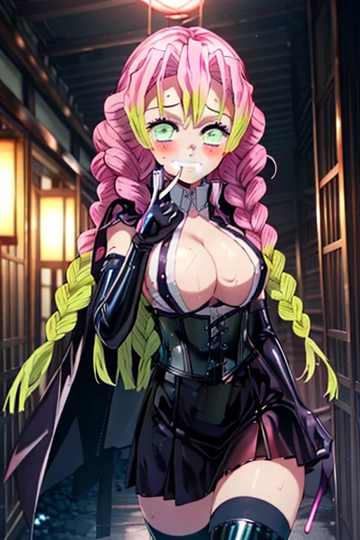 BDSM、Queen、spouse、(((One Girl)))、alone:1.8、(((Black latex elbow gloves:1.4 )))、(((black latex corset dress:1.4)))、(((Beautiful lace corset dress.)))、(((corset dress with shoulder straps)))、(((black latex tight miniskirt:1.4)))、(((Black thigh-high boots)))、(((Black fishnet stockings:1.2 )))、(((Stiletto heels:1.4)))、(((Black latex panties)))、(((black latex bra)))、(((Black leather collar)))、(((Sexy pose:1.4 )))、Wide-open legs:1.2、(((erotic)))、(((Cowboy Shot)))、Upper body close-up、masterpiece, Highest quality、High resolution,Detailed face、fine grain、 1 girl, MitsuriKanroji, Nice, chest, Underarm, close, Underarmを見せる, Underarmフォーカス,Lick command, Sweaty、Wicked Smile、(((Grin:1.4)))、Frowning、Contempt、Cold Stare、blush:1.2