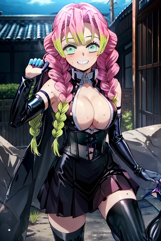 BDSM、Queen、spouse、(((One Girl)))、alone:1.8、(((Black latex elbow gloves:1.4 )))、(((black latex corset dress:1.4)))、(((Beautiful lace corset dress.)))、(((corset dress with shoulder straps)))、(((black latex tight miniskirt:1.4)))、(((Black thigh-high boots)))、(((Black fishnet stockings:1.2 )))、(((Stiletto heels:1.4)))、(((Black latex panties)))、(((black latex bra)))、(((Black leather collar)))、(((Sexy pose:1.4 )))、Wide-open legs:1.2、(((erotic)))、(((Cowboy Shot)))、Upper body close-up、masterpiece, Highest quality、High resolution,Detailed face、fine grain、 1 girl, MitsuriKanroji, Nice, chest, Underarm, close, Underarmを見せる, Underarmフォーカス,Lick command, Sweaty、Wicked Smile、(((Grin:1.4)))、Frowning、Contempt、Cold Stare、blush:1.2