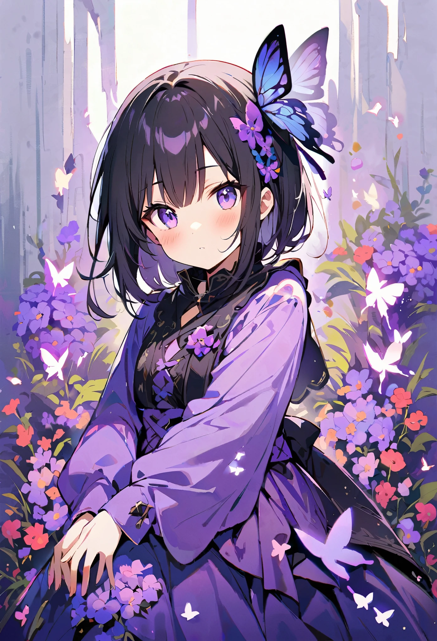 1 sister, Solitary, looking at the audience, Blushed, background, black hair color, Hair accessories, Long sleeve, White background, eternal, Full body female, Flowers in bloom, purple, Flowering, OK, Butterfly, masterpiece, Recent quality, The best details, Clear facial features, beautiful eyes , purple color theme ,