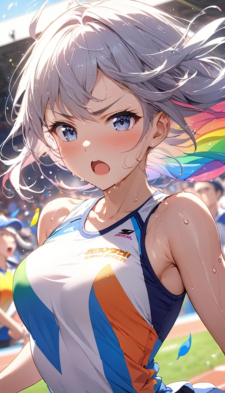 (Sports magazine cover photo), Highest quality, Great quality, 16K, Unbelievably absurd, Very detailed, delicate and dynamic, Natural light, The particles reflect light, Diffuse reflection of light, Many rainbow-colored petals fall, Beautiful truck studium, Sparkling Sun, Diffuse reflection of light, Create amazing image effects, , Wet, sweating, high jump competition, Close-up(Cute sexy girl, big bouncing busts, Sensual expression, Cool girl, Serious, passion, Dynamic, Flashy track and field uniform, audience , much-air-laden cheer)