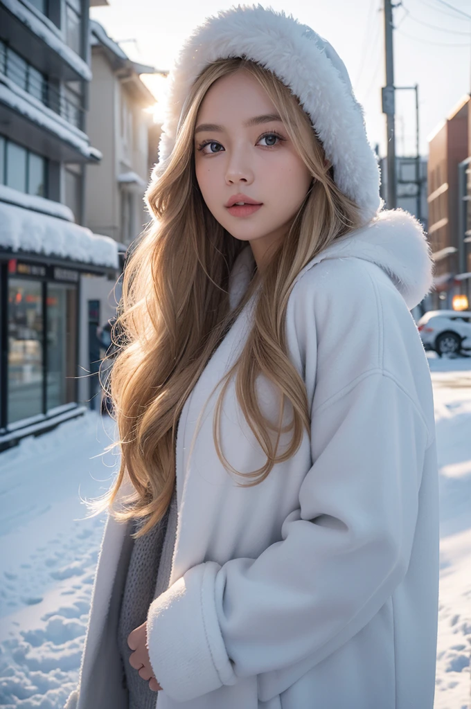 proFessional portrait photograph oF a gorgeous Norwegian girl in winter clothing with long wavy blonde hair, sultry Flirty look, gorgeous symmetrical Face, Cute and natural makeup, wearing elegant warm winter Fashion clothing, ((Stand outside the snow-capped city streets)), Stunning modern city environment, Surreal, Concept Art, elegant, Very detailed, complex, sharp Focus, depth oF Field, F/1. 8, 85 mm, Mid-shot拍摄, Mid-shot, (((proFessionally color graded))), bright soFt diFFused light, (volumetric Fog), Trending topics on Instagram, hdr 4k, 8K