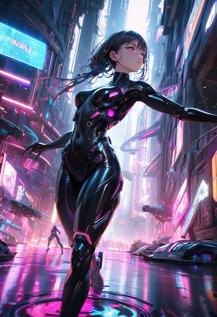 intricate futuristic android girl, 1girl, cyberpunk, bodysuit, liquid metal robot, elegant, graceful, dynamic pose, cinematic lighting, hyper detailed, photorealistic, 8k, masterpiece, highly detailed face, stunning eyes, sharp focus, vivid colors, dramatic shadows, cinematic composition, science fiction, dystopian, neon lights