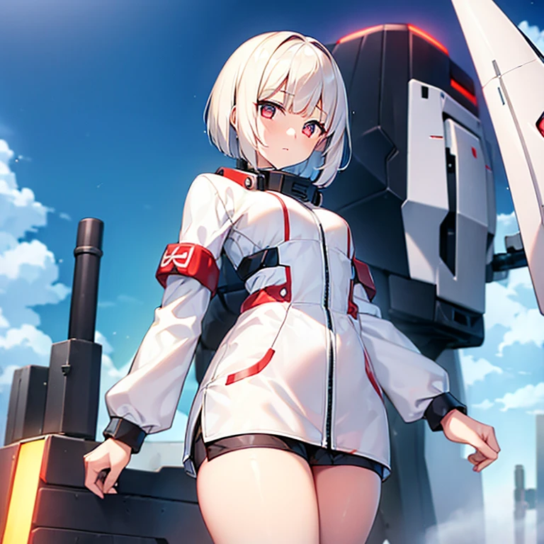 (girl)(white short hair)(red eyes)(whole body)(Driving a mecha)4K