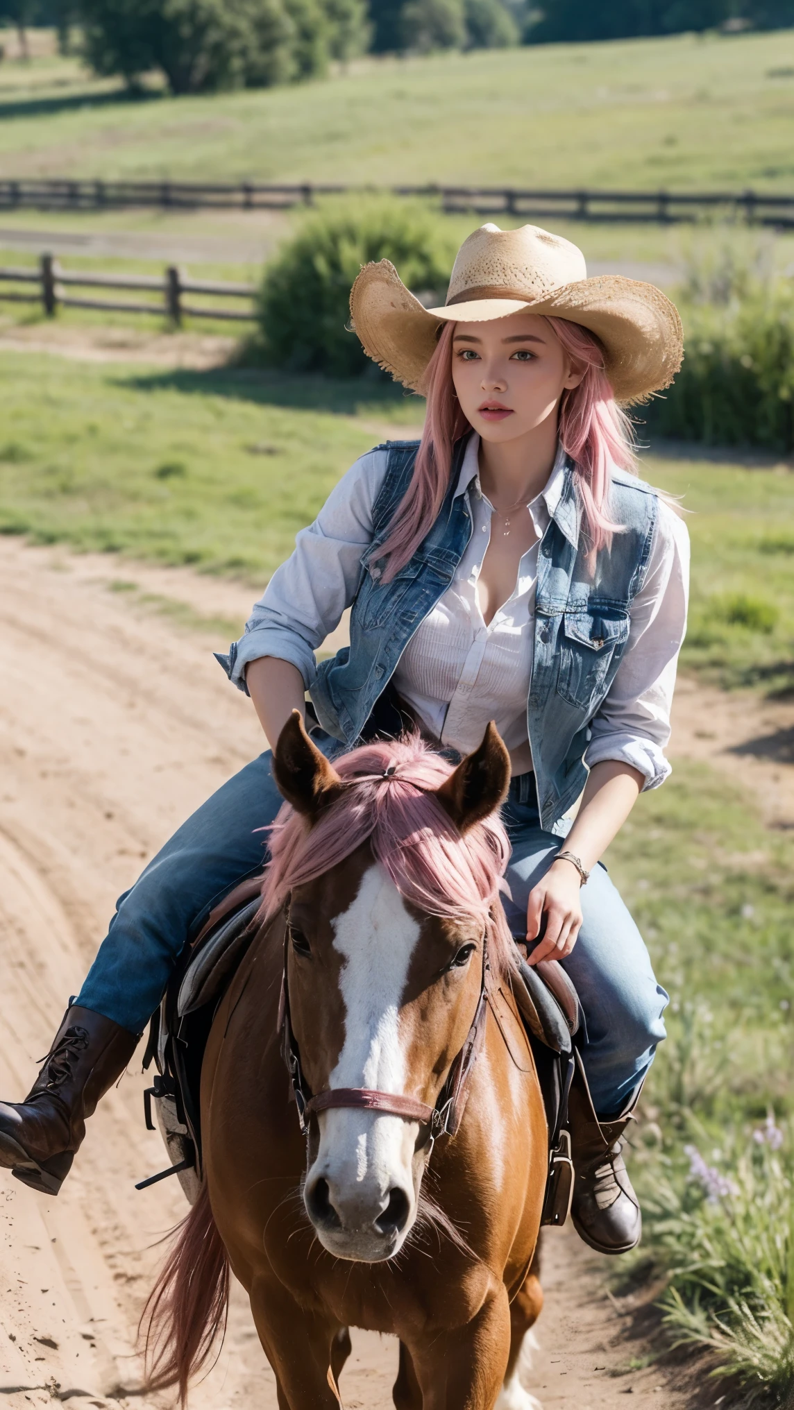 A striking, ultra-realistic photograph, capturing a young woman (natural big breast:0.5), (riding a horse), with pink hair, freckles, and blue eyes, dressed in authentic cowboy attire. Her outfit includes a stylish cowboy hat, fringed vest, denim vest and boots, western landscape or weathered rural buildings in the background. The intricate details of her clothing and the texture of her skin are in sharp focus. The bright pink color of her hair contrasts well with the earthy hues of her clothes. Her intense gaze and the depth of her character are clearly visible, adding authenticity and drama to the scene. This photo excellently captures the essence of the western lifestyle and the spirit of the young woman, who is ready to take on any challenge with her unique style and determination.(very detail:1.1),(from above:1.5)