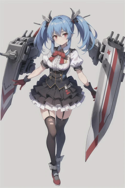 prinz eugen \(warship girls r\)，((masterpiece)),(((best quality))),((ultra-detailed)),((illustration)),((disheveled hair)),((frills)),(1 girl),(solo), 1girl, asymmetrical legwear, bandaged leg, bandages, bandaid, bandaid on arm, bandaid on cheek, bandaid on face, bandaid on knee, bandaid on leg, bangs, black gloves, black legwear, black skirt, blue hair, bow, breasts, closed mouth, eyebrows visible through hair, full body, garter straps, gloves, hair ornament, holding, holding sword, holding weapon, injury, kneehighs, long hair, looking at viewer, medium breasts, mismatched legwear, multicolored hair, puffy short sleeves, puffy sleeves, red eyes, ribbon, shirt, short sleeves, single kneehigh, single thighhigh, skirt, solo, standing, star \(symbol\), star hair ornament, star print, starfish, sword, thighhighs, torn clothes, torn legwear, twintails, uneven legwear, weapon