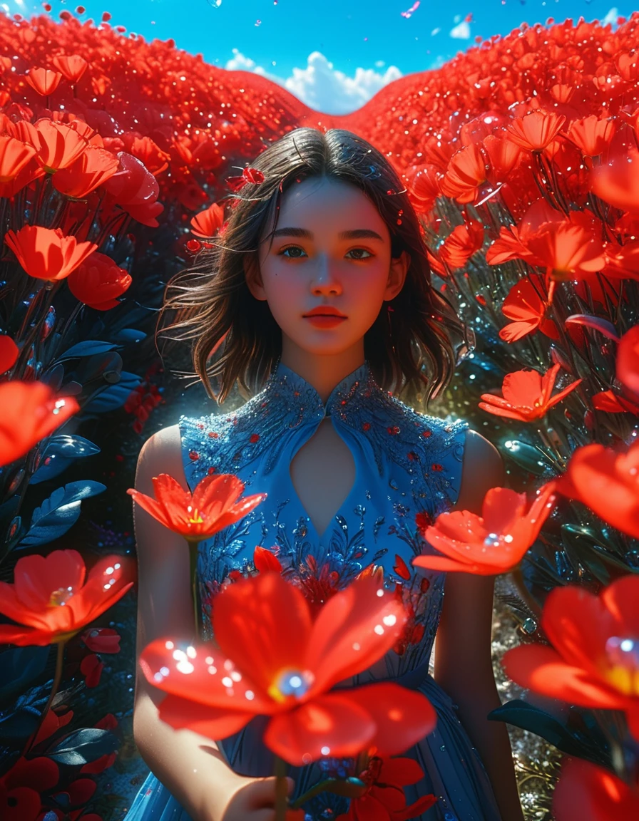 Extremely detailed, A photorealistic masterpiece in its original format, Featuring a girl in bright red petals, Surrounded by an intricate crystal floral pattern, Strolling through the vast flower fields under the blue sky, shot at 8k resolution,With lights and dreamy, surreal atmosphere.