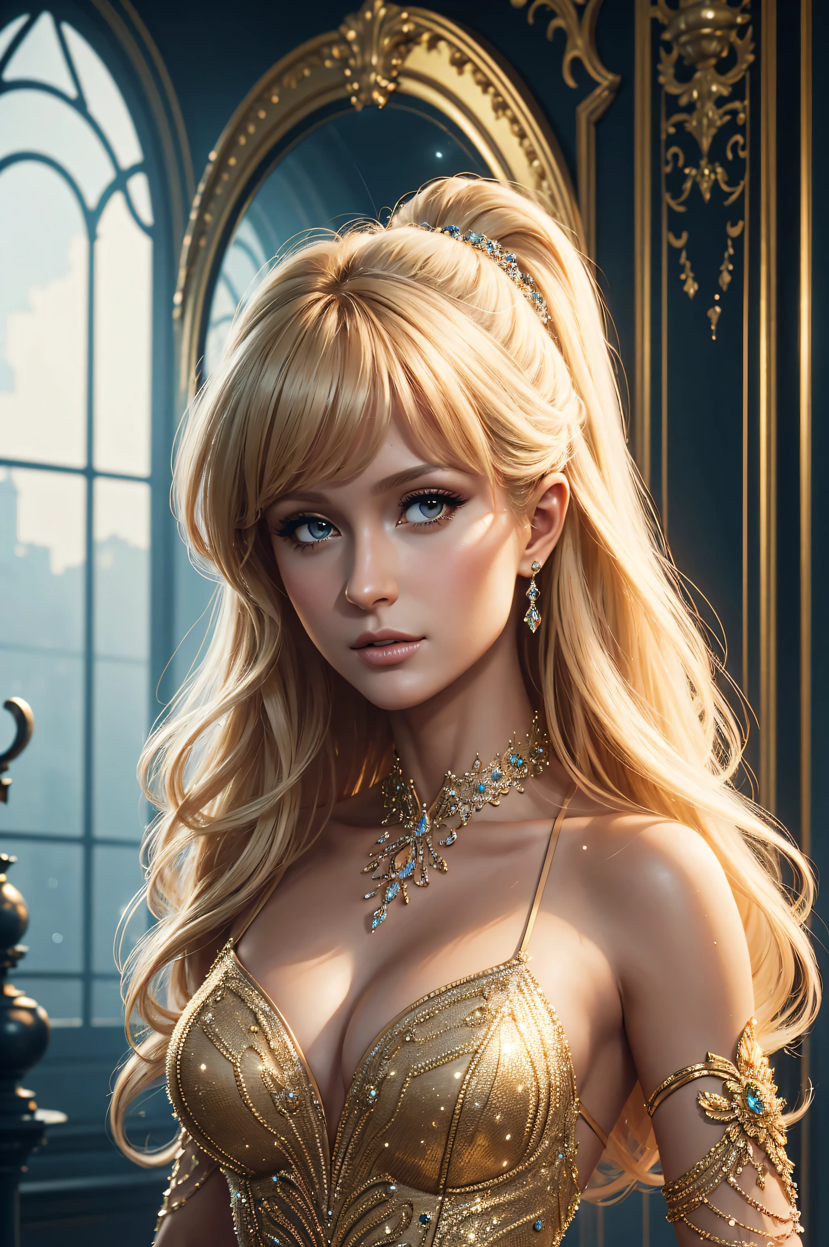 portrait Paris Hilton, wearing ball gown costume, against the background of the ballroom, character portrait, 3 9 9 0 s, soaking wet wavy hair, intricate, elegant, highly detailed, digital painting, artstation, concept art, smooth, sharp focus, illustration, art by wlop, charlie bowater and alexandra fomina, 36k, glittering, shining, correct anatomy